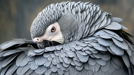Fototapeta premium African Grey parrot preening its feathers, showing the birds meticulous grooming habits.