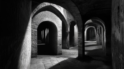 Fototapeta premium A dark, narrow hallway with arched openings