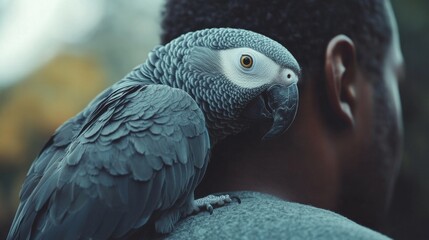 Obraz premium African Grey parrot sitting on a persons shoulder, emphasizing the close bond between bird and owner.