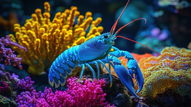 Colorful lobster exploring a coral reef with vibrant aquatic life.