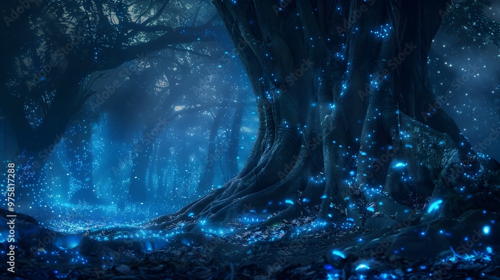 Aufkleber fairy tale bioluminescent forest with glowing vines wrapped around ancient trees creating a magical 