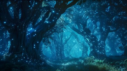 Fototapeta premium Enchanting Bioluminescent Forest with Glowing Vines Wrapping Ancient Trees Creating a Magical Ambiance