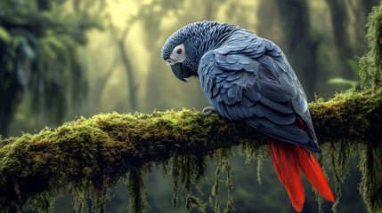 Fototapeta premium African Grey parrot with red tail feathers clearly visible, resting on a moss-covered tree branch.