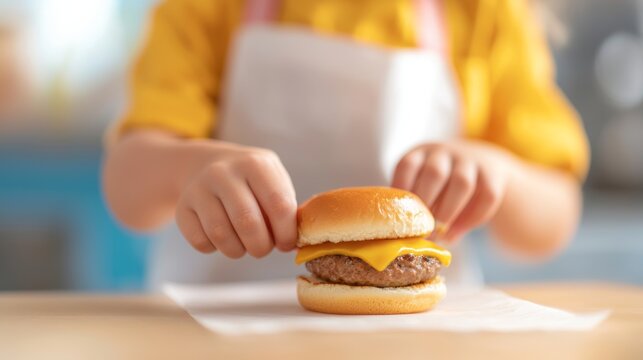 A child assembling a delicious cheeseburger in a bright kitchen, showcasing creativity and love for cooking.