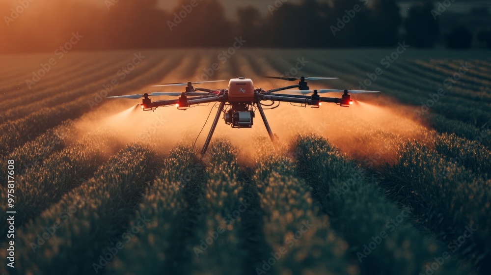 Poster an advanced agricultural drone spraying a field, its path controlled entirely by gps and sensors.