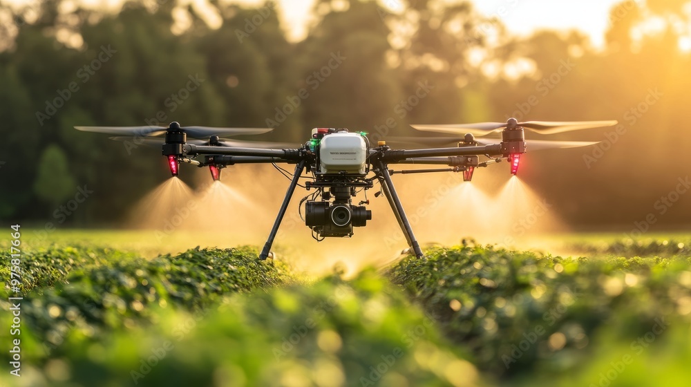 Poster an advanced agricultural drone spraying a field, its path controlled entirely by gps and sensors.