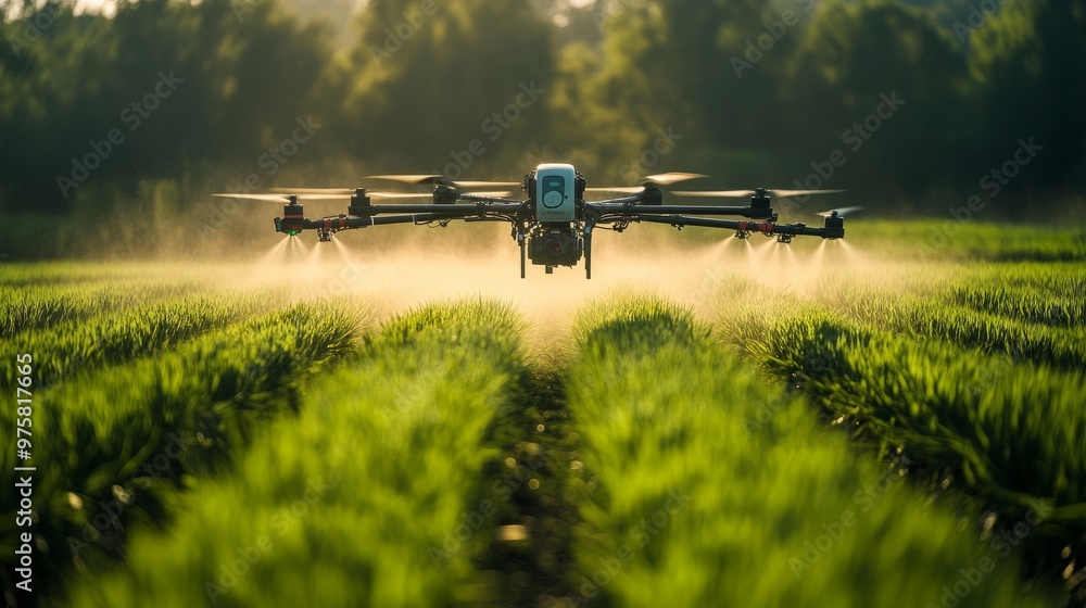 Poster an advanced agricultural drone spraying a field, its path controlled entirely by gps and sensors.
