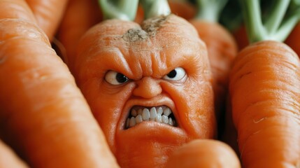 A close up of a carrot with an angry face and green leaves, AI