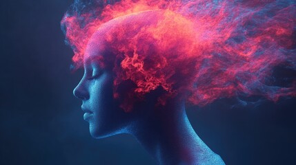 A woman's face is shown in a blue and red color scheme
