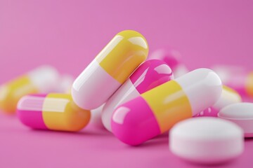 Multiple yellow and pink capsules, along with round white pills, are neatly arranged against a vibrant pink background, signifying medication and health.