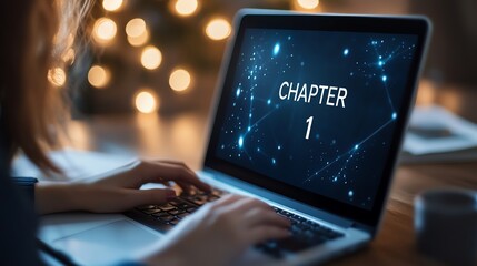 Hands typing on a laptop with Chapter 1 screen, symbolizing the beginning of a new project or story with creative and technological elements.