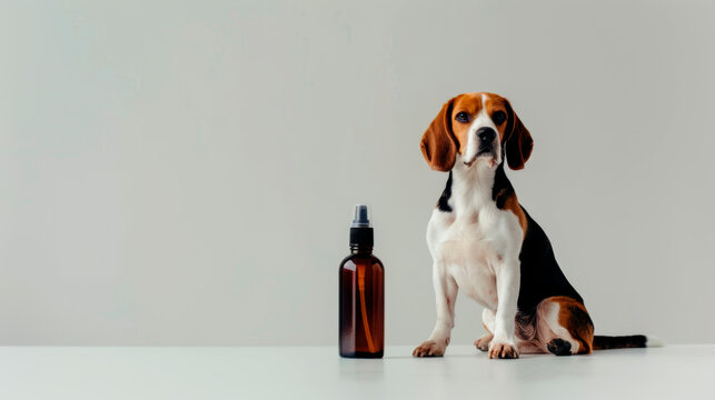 A beagle sits attentively beside a stylish unlabeled spray bottle. The setting features a minimalist white tabletop and neutral background, creating a clean aesthetic