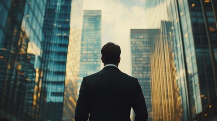 Fototapeta premium cityscape with a businessman in a suit facing towering office buildings, representing the future, ambition, and success mindset required for growth in the corporate world
