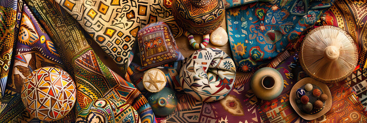 Bohemian Allure: A collage of intricately patterned fabrics and eclectic objets d'art are arranged on a warm, earthy canvas, embodying the free-spirited bohemian aesthetic.