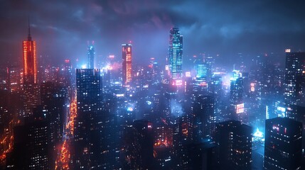 Fototapeta premium vibrant city skyline at night, glowing with neon lights, bustling streets, and illuminated architecture, creating a reflection of the modern urban landscape