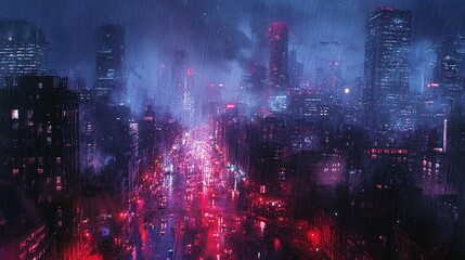 Obraz premium urban cityscape at night, featuring a skyline of glowing skyscrapers, neon lights, and the bustling nightlife that defines the downtown atmosphere