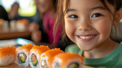 A joyful child happily enjoying sushi with colorful rolls, showcasing a delightful moment of culinary enjoyment.