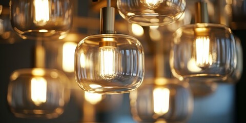 Close-up of a chandelier with warm glowing lights.