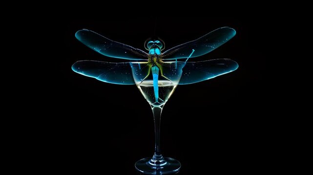 Portrait of a dragonfly on a glass of champagne