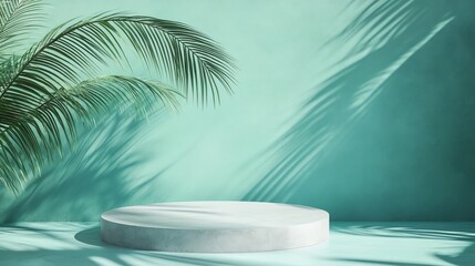 Obraz premium A white circular podium in front of a teal wall with palm leaves casting shadows.