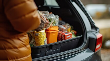 Person loading groceries into car trunk outdoors