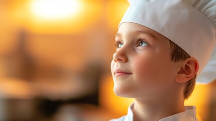 A young aspiring chef gazes upwards with dreams of culinary greatness, wearing a chef's hat and uniform in a warm kitchen setting.