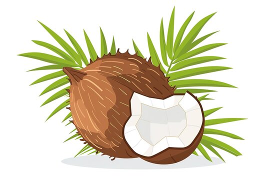 brown coconut with green leaves, white background clip art preview