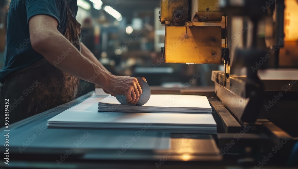 Poster worker using a machine to cut a stack of paper.