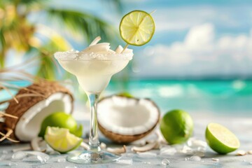 Fototapeta premium Refreshing Coconut Lime Cocktail with Tropical Beach Vibes