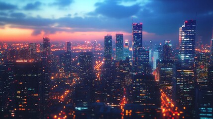 Fototapeta premium cityscape at night with a skyline full of skyscrapers, streets illuminated by neon lights, and the glow of bustling urban life under the evening horizon
