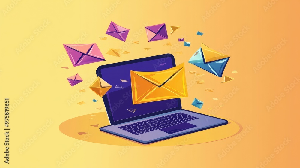 Poster illustration of a simple email list interface on a laptop, with a geometric envelope symbolizing com