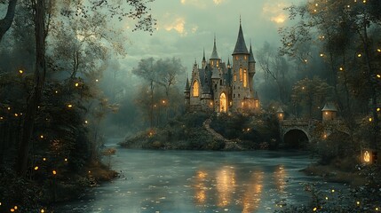Enchanting Castle by the River at Twilight