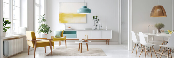 Scandinavian Serenity: Soft white walls and clean-lined furniture are accented with pops of aqua and mustard yellow, creating a tranquil and uplifting atmosphere.