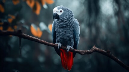 Obraz premium Close-up of an African Grey parrot perched on a branch, showcasing its distinctive grey feathers and red tail.