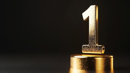 A golden number one sits on a golden base against a black background.