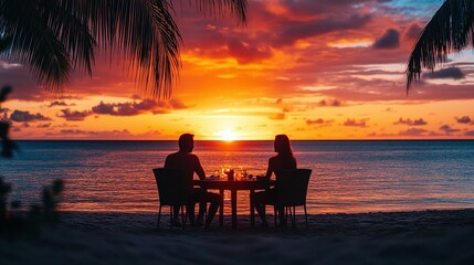Obraz premium outdoor dining at the beach as two people enjoy the sunset, surrounded by a calm sea and peaceful horizon, embodying the serene beauty of nature and leisure