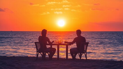 Obraz premium scenic sunset at a beach table with two people, capturing the essence of evening tranquility, ocean view, and the peaceful ambiance of a nature escape on vacation