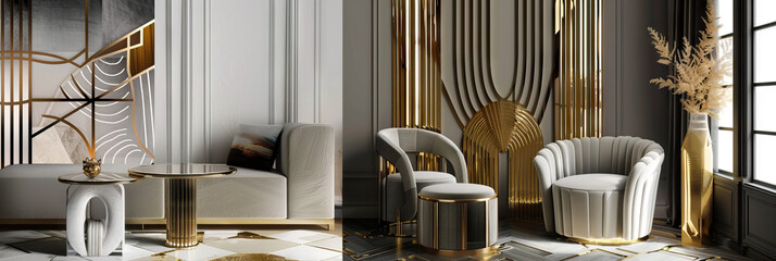 Art Deco Glamour: Geometric shapes and ornate details in metallic gold and silver hues evoke the sophistication of the art deco era, adding a touch of old-world glamour to any room.