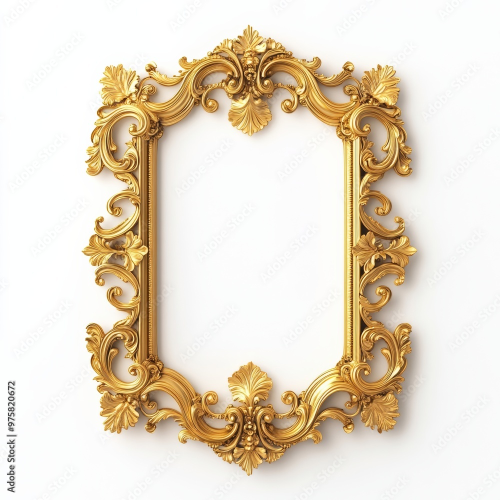 Poster 3d gold ornate frame with intricate floral swirl patterns and decorative scrollwork, isolated on a w
