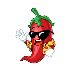 Cool red chili pepper cartoon character wearing sunglasses and a Hawaiian shirt.