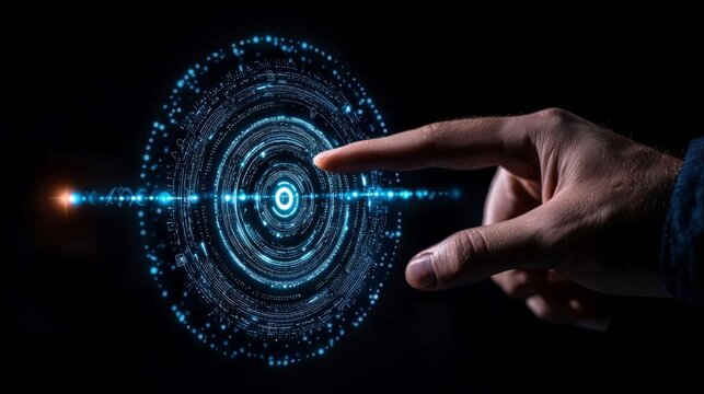 A hand with fingers moving icons around a bullseye target on a digital interface