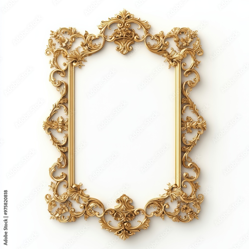 Poster 3d gold ornate frame with intricate floral swirl patterns and decorative scrollwork, isolated on a w