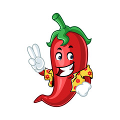 A cheerful chili pepper character wearing a Hawaiian shirt and flashing a peace sign.