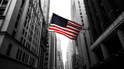 The American flag waves proudly over Wall Street, a symbol of U.S. identity, financial power, and the spirit of capitalism.