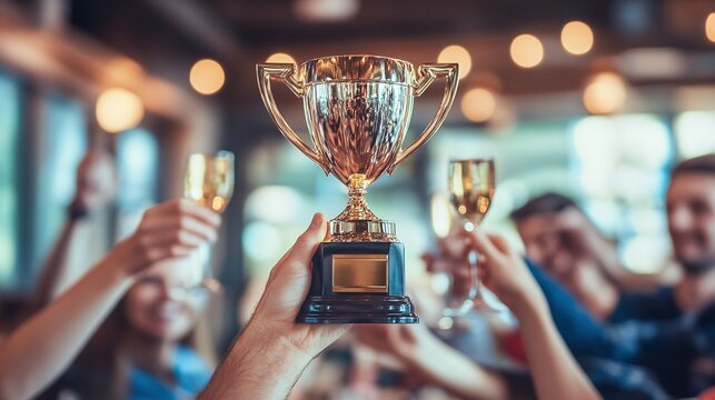 business victory captured as a team celebrates with a trophy in the workplace, highlighting the pride, excitement, and recognition of their collective achievement and effort