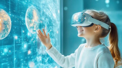 A user exploring a virtual 3D museum exhibit through augmented reality glasses, interacting with the digital environment and objects, enhancing engagement and learning