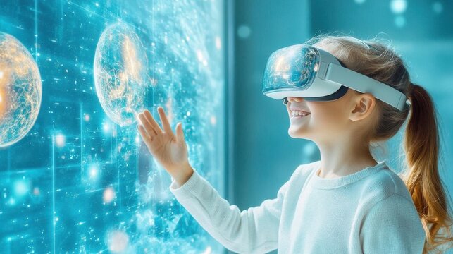 A user exploring a virtual 3D museum exhibit through augmented reality glasses, interacting with the digital environment and objects, enhancing engagement and learning