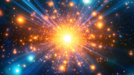 “Bright radial light beams in blue and orange neon glow colors, creating an abstract background that evokes a light burst in the universe. Perfect for presentations, events, parties, carnivals, 