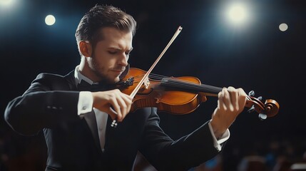 A young man plays the violin in an orchestra.
