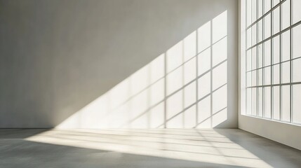 Obraz premium Minimalistic sunlit room with large windows casting shadows.